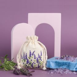 Baumwollsäckchen 8 x 10 cm - naturfarbe mit Druck Lavendel Beutel mit aufdruck