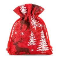 Jutesäckchen 8 x 10 cm - rot / Rentier Weihnachtsbeutel