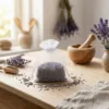 Mit Lavendel gefüllte Organzasäckchen auf Holzoberfläche.