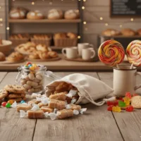 Leinen Säckchen mit kleinen Geschenken auf Holztisch