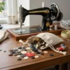 Leinen Säckchen für Knöpfe und Nähzubehör neben Nähmaschine