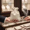 Leinen Säckchen für Schmuck im Juweliergeschäft, elegante Verpackung für Accessoires