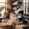 Leinen Säckchen zum Befüllen mit Kaffee in einer Café-Bar, praktische Aufbewahrung