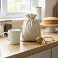 Leinen Säckchen als Geschenkverpackung auf der Fensterbank mit Kaffeetasse