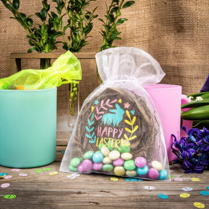 Durchsichtiges Organzasackerl mit Osterhase und bunten Schokoeiern.