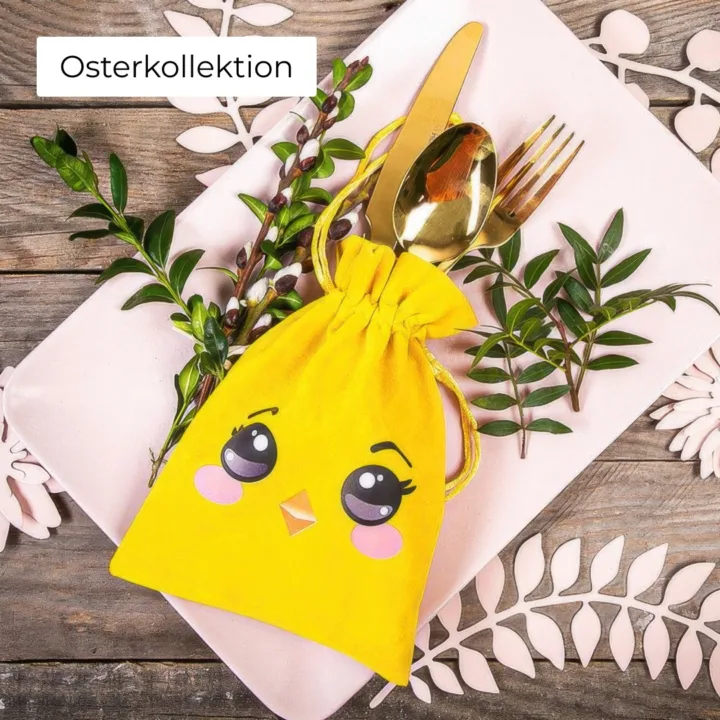 Gelbes Ostersackerl mit süßem Küken-Aufdruck für Geschenke und festliche Tischdeko.