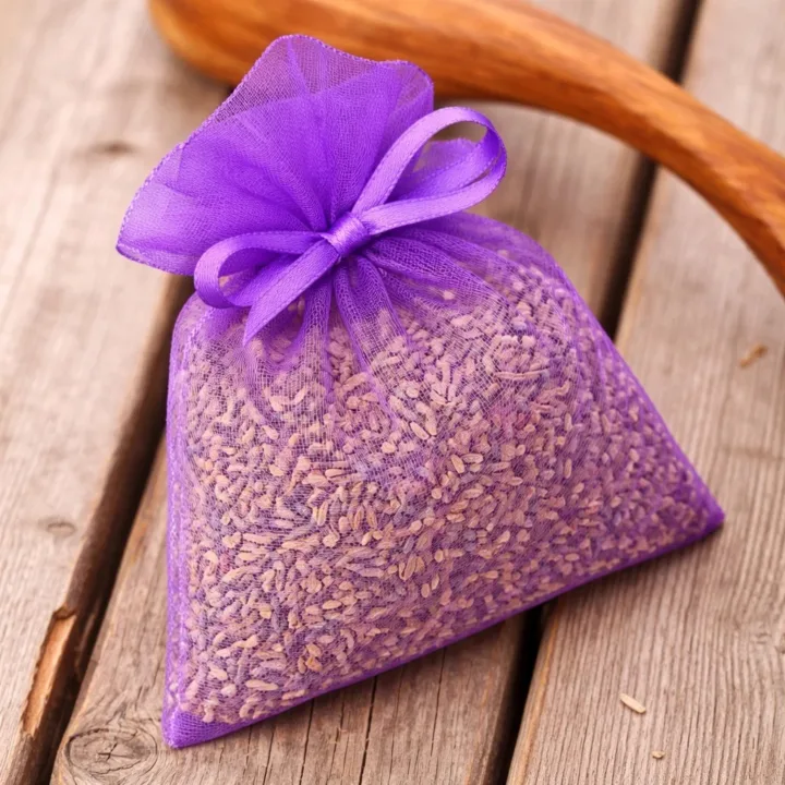 Lila Organzabeutel gefüllt mit getrockneten Lavendelblüten auf Holz.